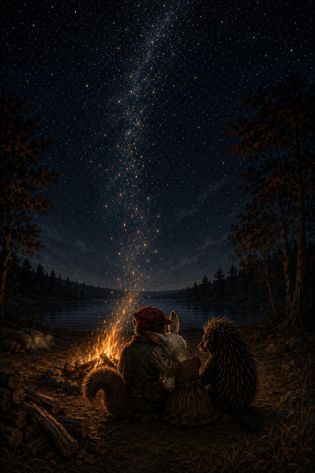 The Mingles beside a fire under a star-filled sky