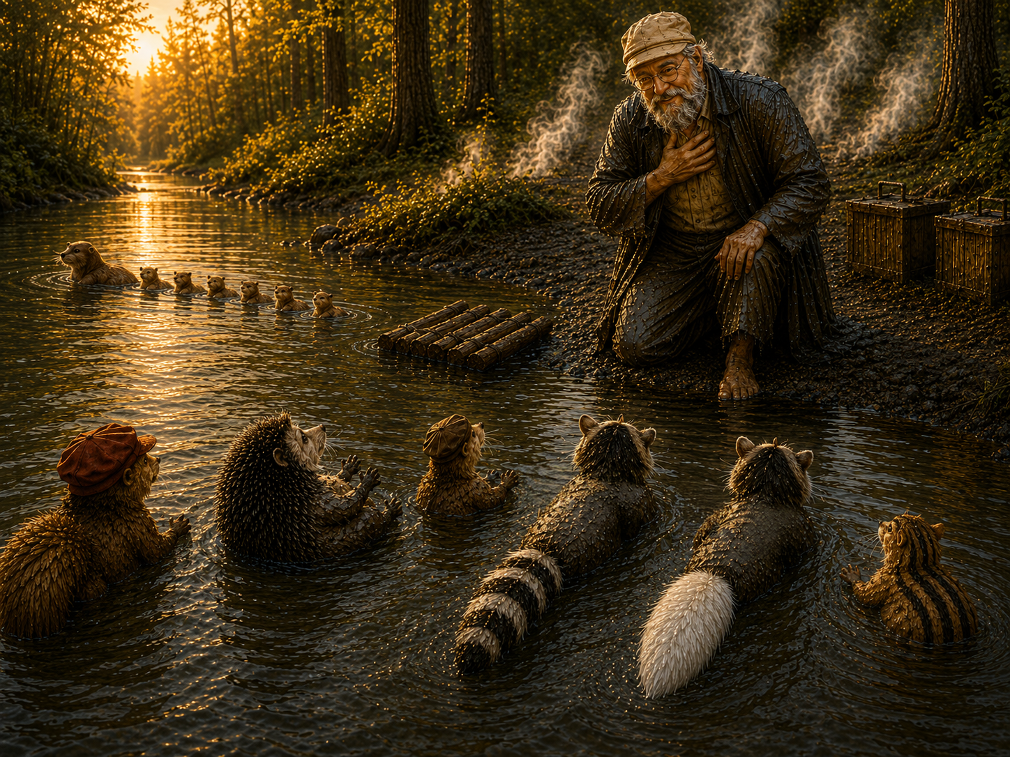 Caelum kneeling beside the creek and thanking the Mingles