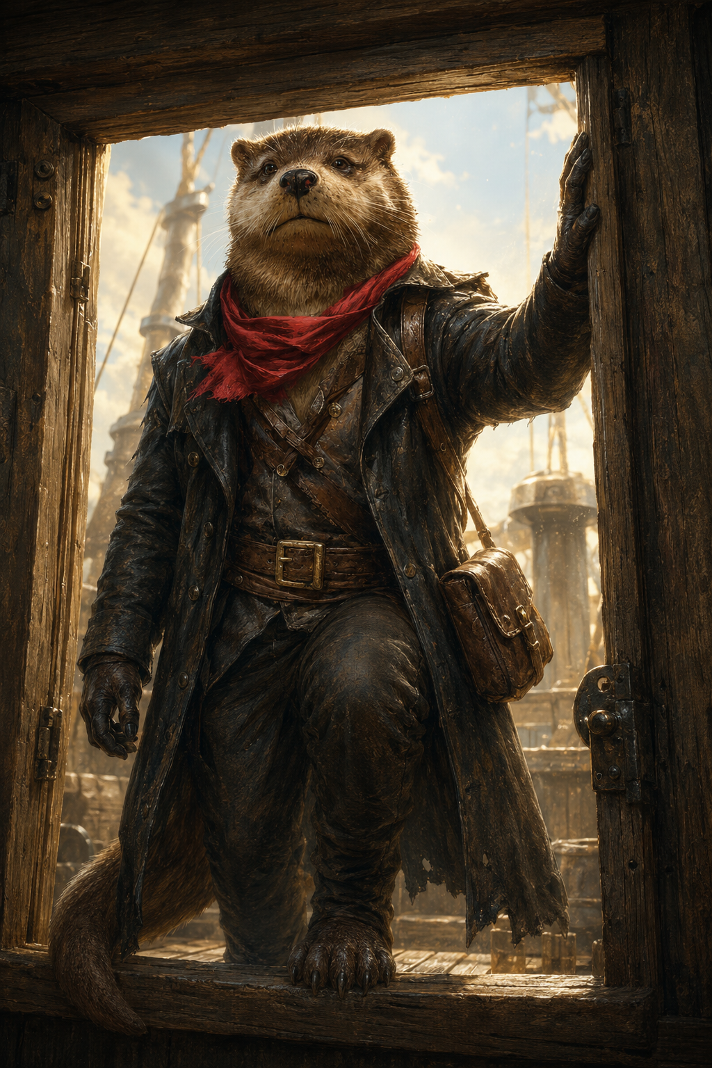 Proudfoot the otter standing in a hatchway